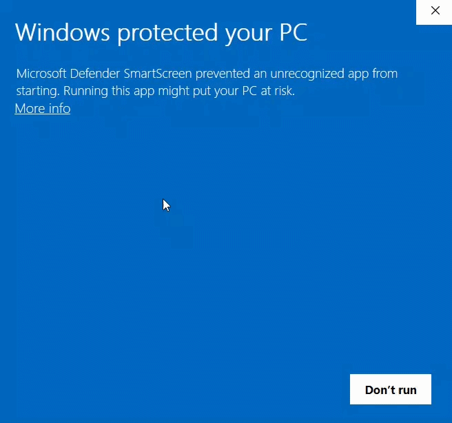 Animated Windows SmartScreen guide — click More info, then Run anyway